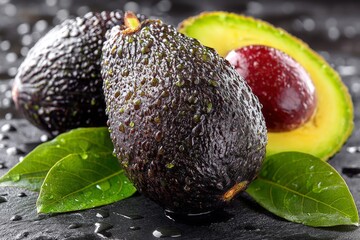 Poster - Fresh avocados with droplets on dark surface showcasing vibrant green interior and rich brown pit