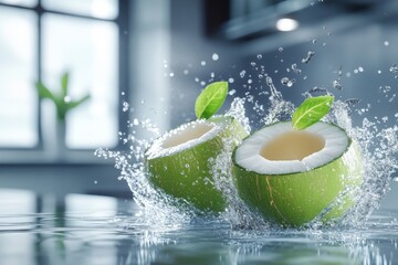 Aufkleber - Fresh coconuts splashing in kitchen while leaves float nearby during bright daylight