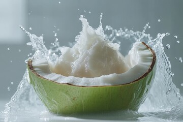 Aufkleber - Fresh coconut split open with water splashing in a bright kitchen setting during daytime