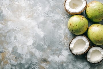 Poster - Fresh coconuts on a textured surface ready for preparation and enjoyment in a kitchen setting
