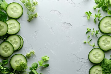 Poster - Fresh cucumber slices arranged with herbs on a light background for healthy recipes and cooking inspirations