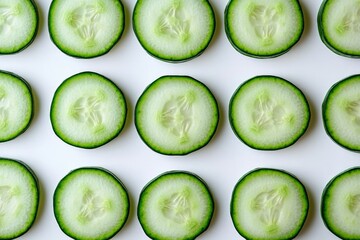 Poster - Fresh cucumber slices arranged neatly on a white background for a healthy culinary presentation