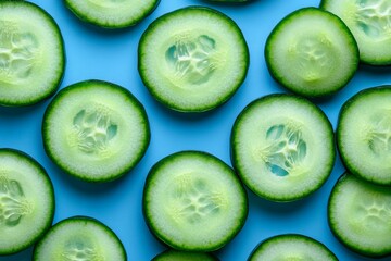 Poster - Cucumber slices arranged neatly on a bright blue background creating a fresh and vibrant composition