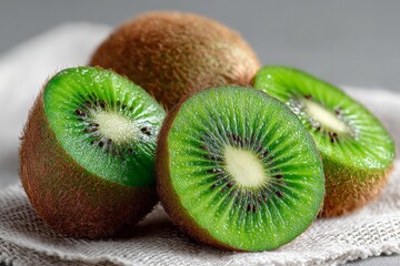 Poster - Freshly sliced kiwi fruit served on a textured cloth in a kitchen setting
