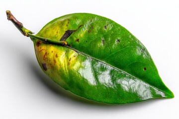 Poster - Green leaf with distinct yellow and brown spots showcasing signs of natural aging and environmental impacts