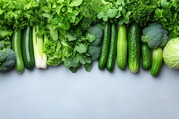 Poster - Fresh assortment of green vegetables displayed on a textured surface during daylight