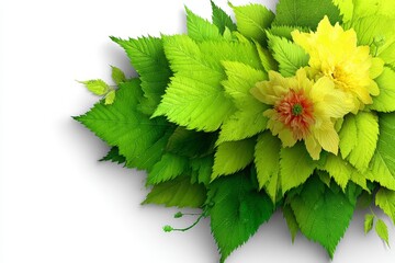 Poster - Brightly colored flowers and lush green leaves arranged artistically on a white background