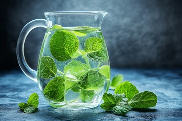 Poster - Refreshing glass pitcher filled with water and fresh mint leaves on a dark table