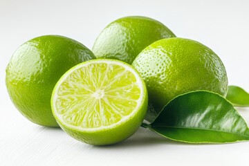 Poster - Fresh limes with vibrant green skin and one cut in half displaying juicy interior on a white background