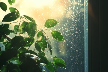 Aufkleber - Sunlight filtering through rain-soaked leaves creating a serene indoor atmosphere in the early morning