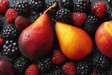 Poster - Fresh pears and mixed berries arranged on a black background showcasing vibrant colors and textures