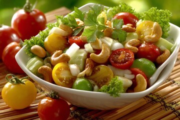 Poster - Fresh vegetable salad with cherry tomatoes, cashews, and herbs in a bowl on a natural wooden surface