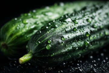 Poster - Fresh cucumbers with water droplets shining under soft light in a dark setting showcasing their vibrant green color