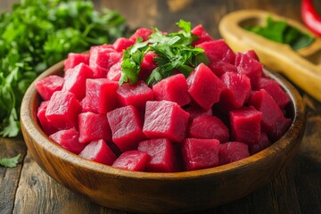 Poster - Freshly cubed watermelon served in a wooden bowl with herbs on a rustic table
