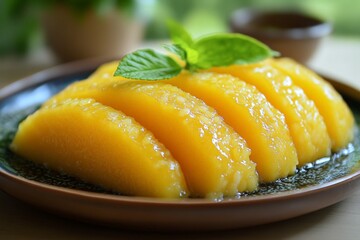Poster - Delicious mango dessert is served on a plate with fresh mint leaves at an outdoor table in bright sunlight