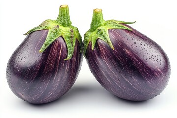 Poster - Freshly harvested eggplants glistening with water droplets on a plain background