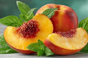 Poster - Fresh ripe peach slices placed on mint leaves, showcasing vibrant colors and textures in a natural setting