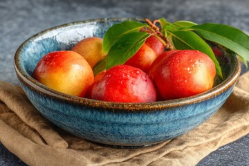 Poster - Fresh ripe peaches in a ceramic bowl with green leaves on a textured background