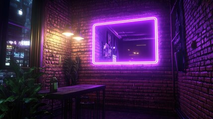 Poster - A glowing purple neon frame set against a vintage brick wall, blending modern lighting with urban design for a stylish, artistic look.