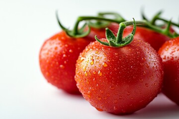 Poster - Fresh and ripe red tomatoes with water droplets against a white background ready for cooking or salads