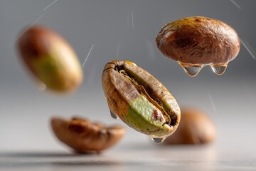 Aufkleber - Coffee beans suspended in the air with droplets of water reflecting light, creating a dynamic visual in a minimalist setting
