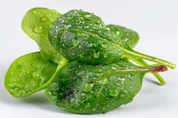 Poster - Fresh green spinach leaves with water droplets perfect for healthy meals and salads