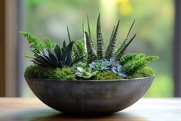 Aufkleber - Beautiful succulent arrangement in a modern bowl set against a green background in a cozy indoor space
