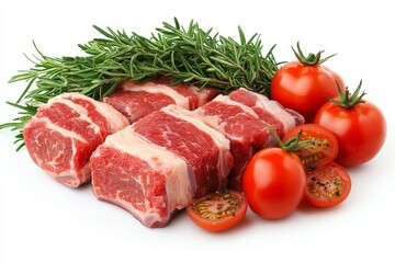 Poster - Fresh cuts of meat accompanied by ripe tomatoes and aromatic herbs ready for cooking