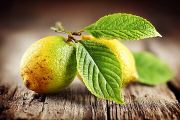 Poster - Fresh lemons and green leaves resting on a rustic wooden surface in soft light