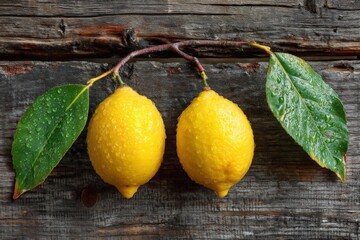 Poster - Freshly picked lemons with water droplets on rustic wooden background