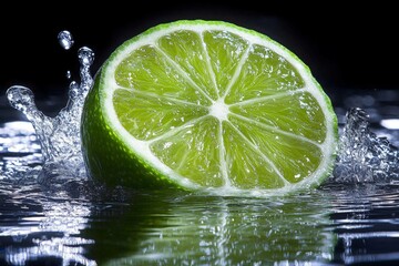 Aufkleber - Fresh lime slice splashing in water creates dynamic visual effect in a dark setting