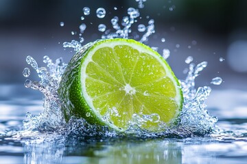 Aufkleber - Fresh lime splashes into water creating a vibrant display of droplets and color during bright daylight