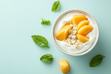 Aufkleber - Delicious yogurt bowl with fresh mango, oats, and mint on a pastel background