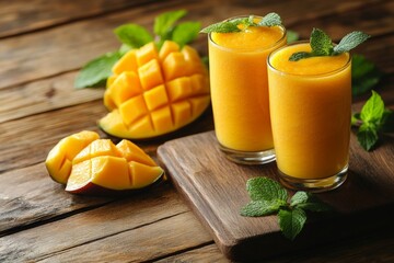 Poster - Fresh mango smoothies are served with mint leaves on a rustic wooden table with sliced mangoes nearby