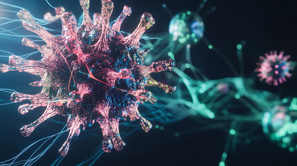 Poster - Exploring viral structures scientific research lab 3d render dark environment close-up view microbiology concept