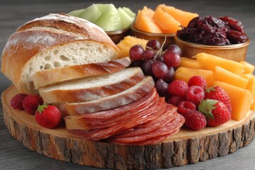 Poster - Delicious platter featuring sliced bread, fresh fruits, and cured meats arranged on a wooden board