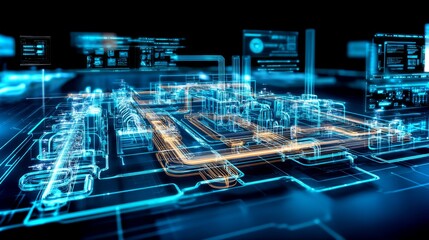 Poster - Floating holographic blueprint showcases advanced technology in innovative manufacturing environment