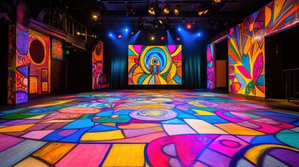 Poster - A lively stage decorated with bright, vibrant colors and artistic designs, ready for a performance, showcasing an energetic, creative atmosphere.