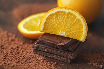 Poster - Chocolate and orange combination with cocoa powder on a wooden background creating a delightful sweet treat
