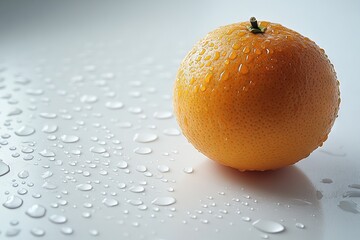 Poster - Ripe orange with water droplets resting on a reflective surface in bright light