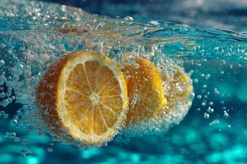 Aufkleber - Fresh lemon slices create bubbles while submerged in clear water, showcasing vibrant colors and textures