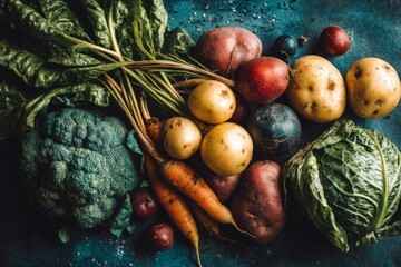 Aufkleber - Fresh harvest of organic vegetables with vibrant colors and textures on rustic background