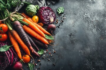 Poster - Freshly harvested vegetables arranged on a dark surface showcasing vibrant colors and textures