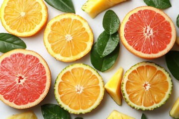 Poster - Colorful citrus fruits arranged artistically with green leaves as a vibrant centerpiece for healthy living