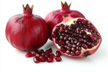 Poster - Fresh pomegranates with vibrant red seeds displayed on a white background, highlighting their juicy interior and healthy appeal