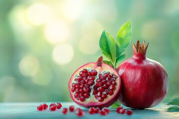 Poster - Freshly cut pomegranate half reveals juicy seeds with whole fruit and leaves in a soft, natural light background