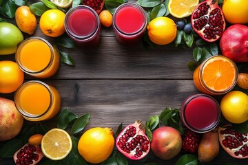 Poster - Colorful arrangement of fresh fruits and juices on a wooden table during sunny morning hours