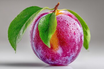 Poster - Fresh plum with dew drops and green leaves placed on a smooth surface in bright lighting