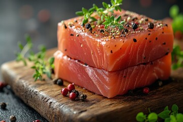 Poster - Fresh salmon fillets seasoned with herbs on wooden cutting board ready for cooking