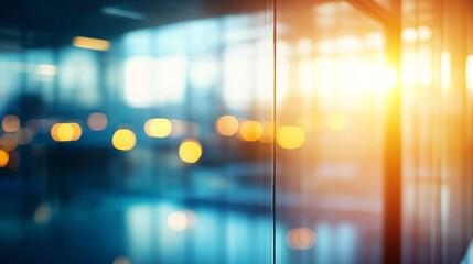 Aufkleber - Sleek office space showcases glass partitions illuminated by soft bokeh lights, creating a warm and inviting ambiance in a contemporary design